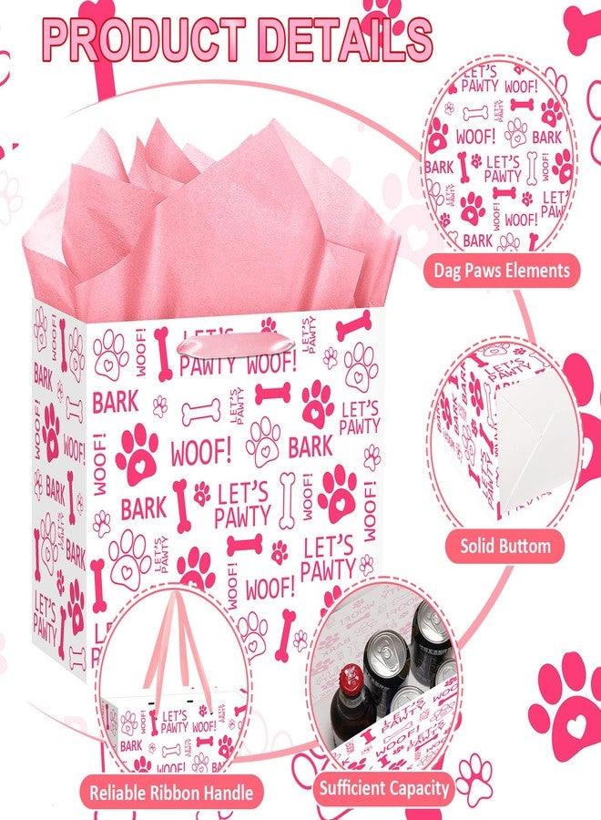 Woosytoo Pink Dog Paw Print Birthday Gift Bags Pet Birthday Party Decoration Puppy Favors Goodie Bag with Card Tissue Paper Let's Pawty Party Decorations Pink Dog Paw Wrapping Paper Bag for Boys Girls Pet Bday Decor - Image 5